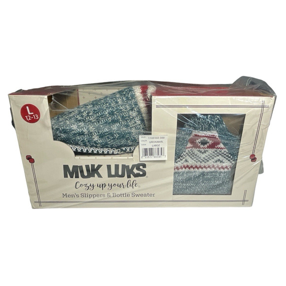 NEW MUK LUKS Men's Rib Knit Scuff Slippers w/Matching Bottle Sweater Large 12-13 - Picture 1 of 10